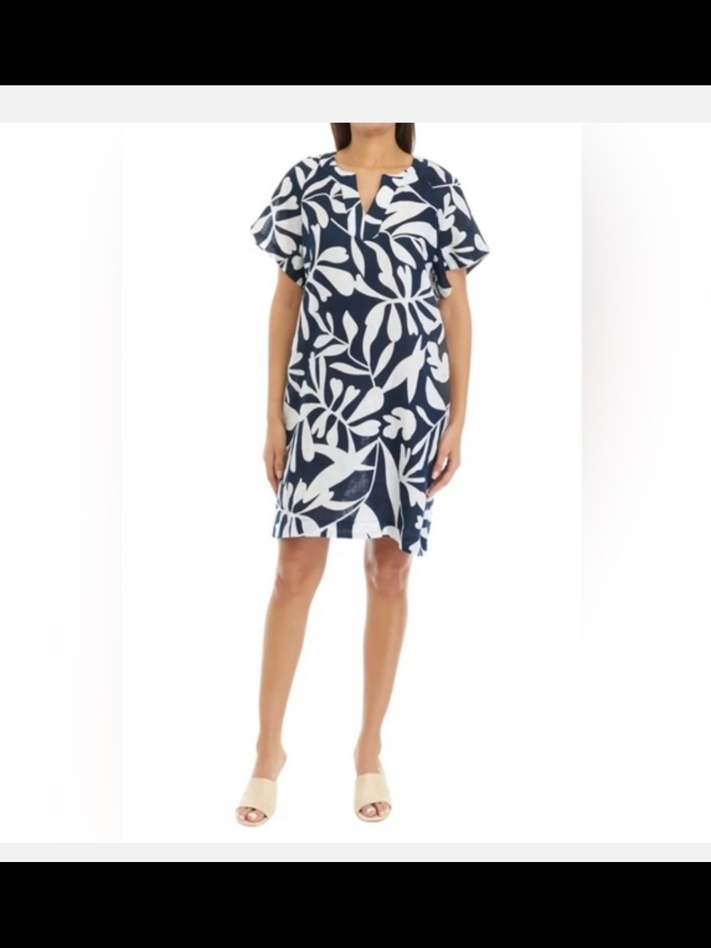 Elie Tahari White and Navy Leaf-Print Top
